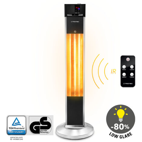 Trotec – Chauffage radiant pour terrasse 2000W – 3 niveaux de puissance – IP34 étanche – Télécommande incluse – Tubes infrarouges Low Glare