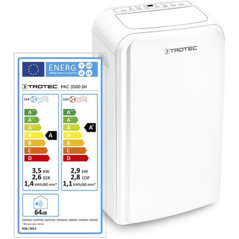 TROTEC Lokales Klimagerät mit Heizfunktion PAC 3500 SH mobile Klimaanlage 4-in-1 Kühlung, Beheizung, Ventilation, Entfeuchtung Klimagerät 2,9 kW 12.000 BTU/h für Raumgröße bis 46 m² und 115 m³