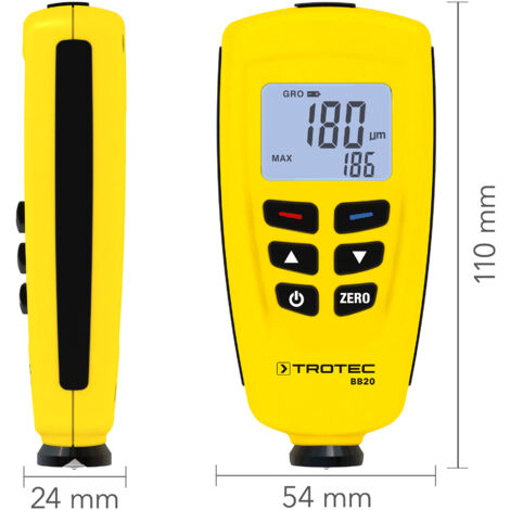 TROTEC Misuratore di Spessore del Rivestimento BB20 – Strumento di Misurazione dello Spessore del Rivestimento per Auto – Campo di Misura da 0 a 1.250 µm, Memoria per 400 Misurazioni, USB