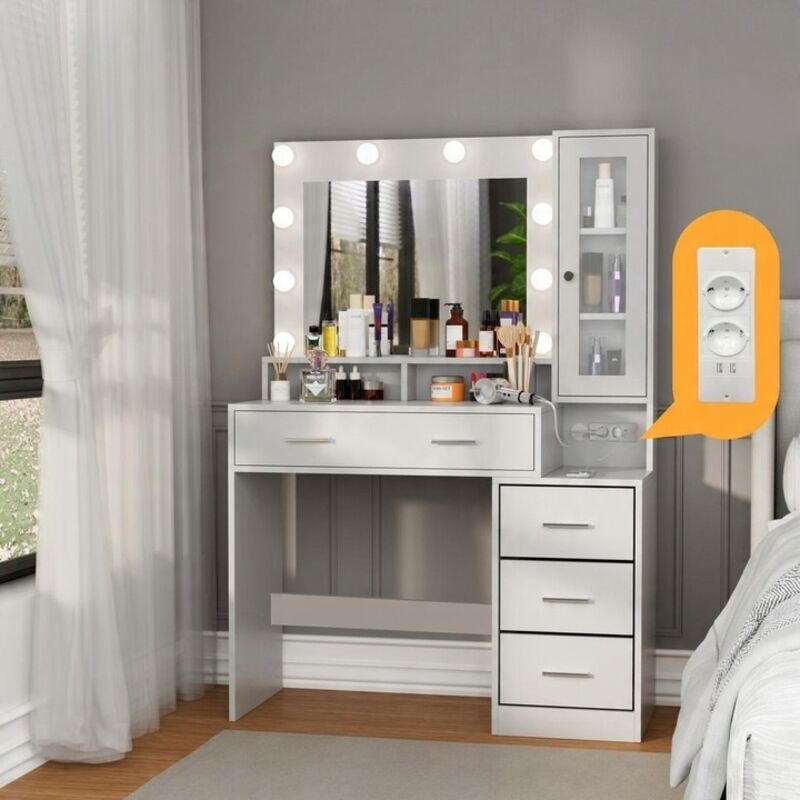 Coiffeuse avec Miroir, avec 10 Ampoules led, avec Station de Charge, Luminosité Réglable, 101x40x143 cm cm, Table de Maquillage, 5 Tiroirs et 1