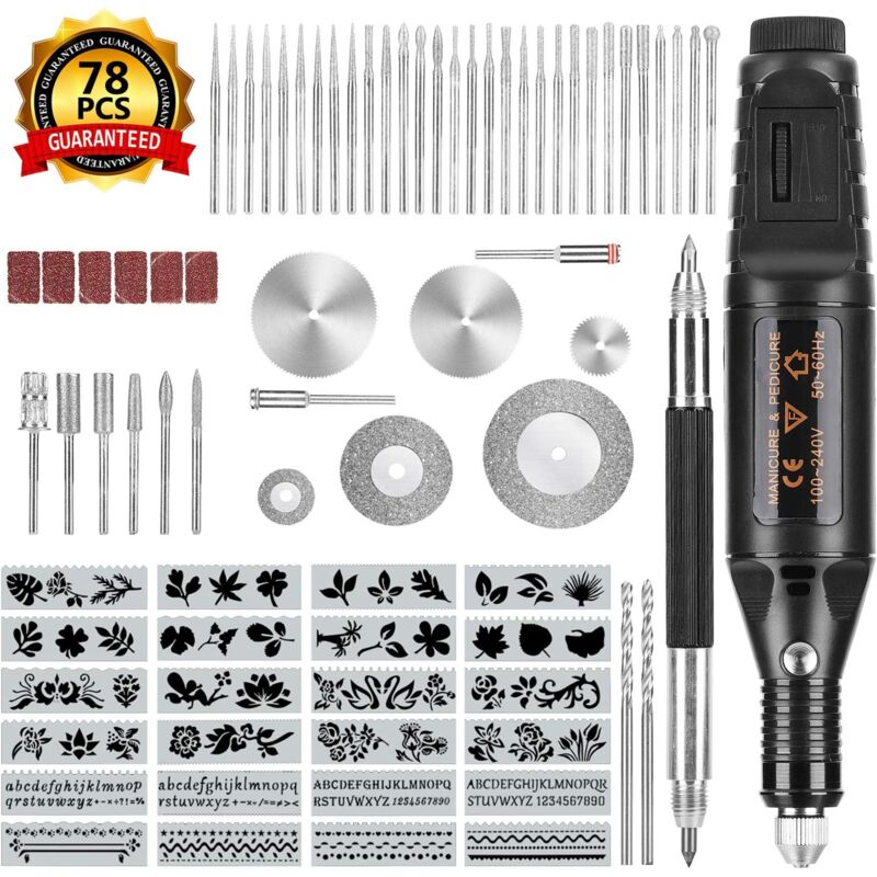 Alovez - Trousse à Outils de Gravure de 78 Pièces, Stylo Graveur Électrique sur Metal, Gravure Bois Electricité avec Scribe, 52 Bits et 24 Pochoirs,
