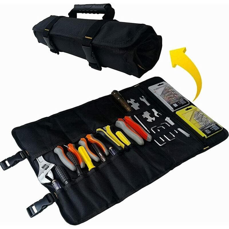 trousse à outils enroulable noir avec boucle réglable,22 compartiments et poignée caoutchouc,Matériau 1680D d'épaisseur imperméable et résistant à