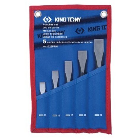 Trousse de 5 burins en acier chrome vanadium – Finition brunie – Forme octogonale – Dimensions 13x100mm à 23x200mm – King Tony