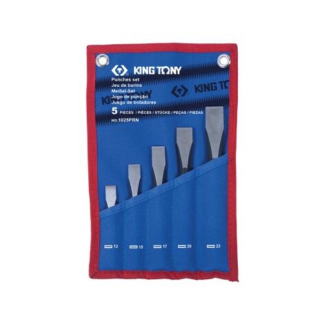 Trousse de 5 burins en acier chrome vanadium – Finition brunie – Forme octogonale – Dimensions 13x100mm à 23x200mm – King Tony