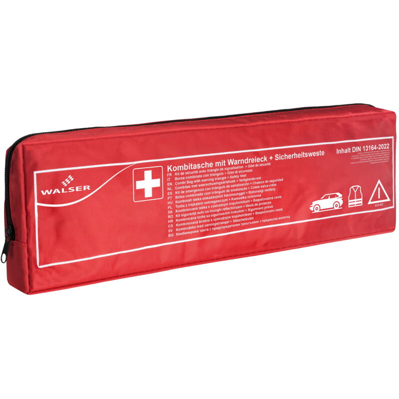 Trousse de secours automobile rouge conforme à la norme din 13164:2022, y compris triangle de panne et gilet de sécurité