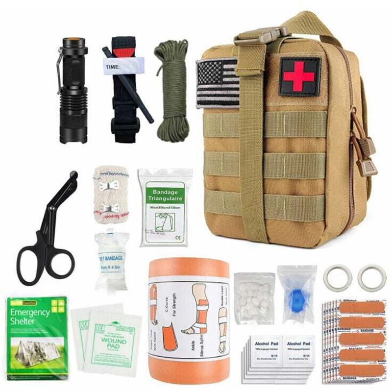 Trousse de secours complète militaire tactique Assemblée En france normes CE+petite trousse+bandoulière+tire tique+bracelet survie-Conçue pour la