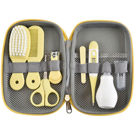 Trousse de Soins Bébé avec Brosse à Cheveux, Coupe-Ongles, Nettoyeur Nez, Brosse à Dents Doigt et Ciseaux - Soins Nouveau-né Garçons Filles Jaune