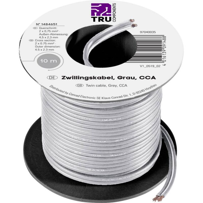 Fil de câblage conrad components 93030C503 2 x 0.75 MM² gris 10 m