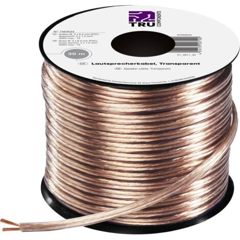 Tru Components – Câble haut-parleur 1564533 2 x 1.5 mm² transparent 30 m – Très flexible pour installations audio – Cuivre nu pour qualité sonore optimale