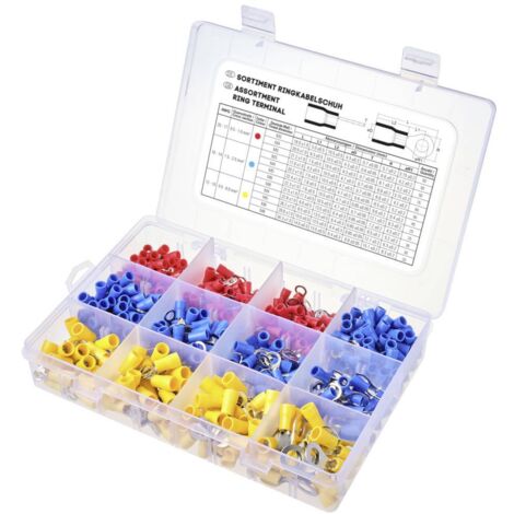 TRU COMPONENTS TC-11991832 Assortiment de cosses à oeillet partiellement isolé 0.5 mm² 6 mm² rouge, bleu, jaune 505 pc(s) R040362