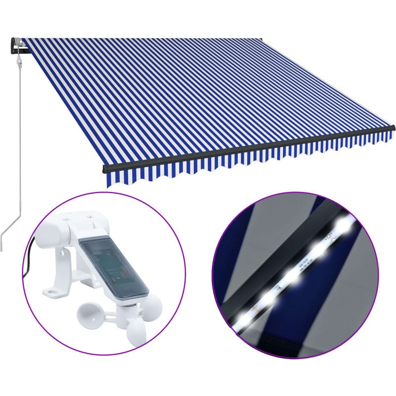 Auvent avec capteur de vent et LED 300x250 cm Bleu et blanc