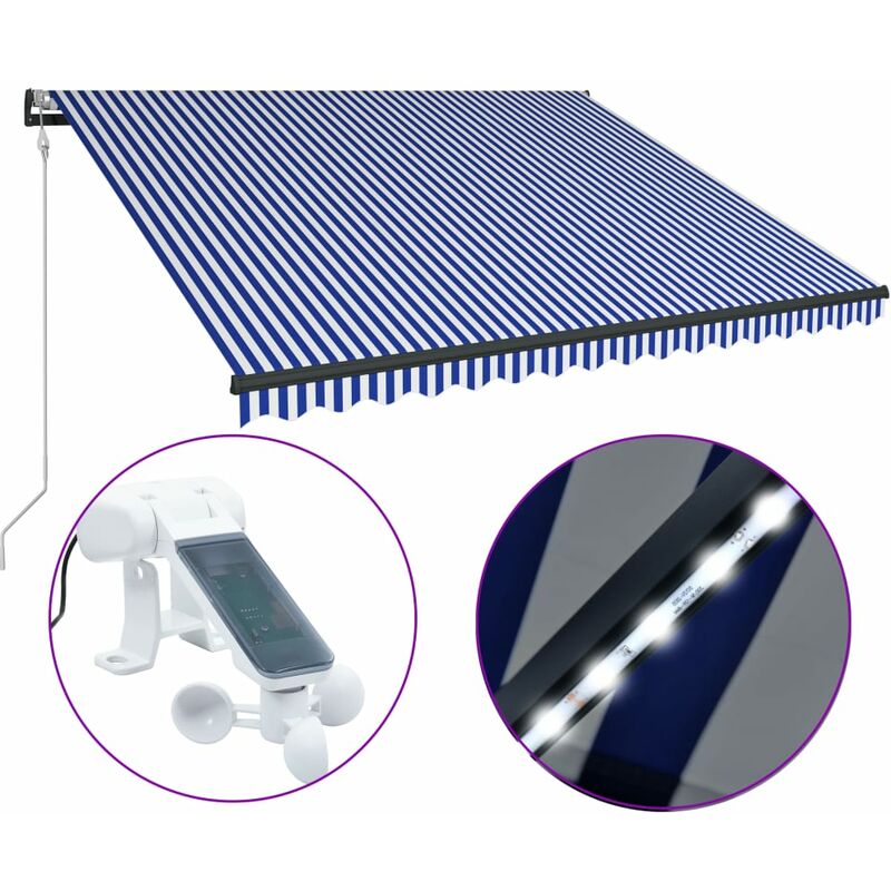True Deal - Auvent avec capteur de vent et LED 350x250 cm Bleu et blanc