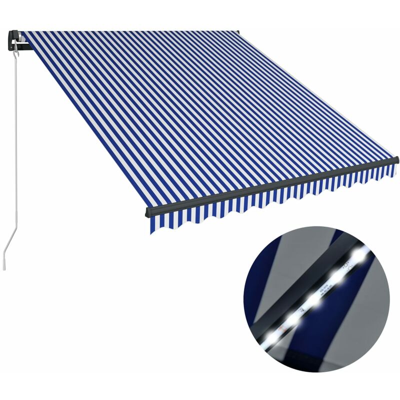 Auvent manuel rétractable avec LED 350x250 cm Bleu et blanc
