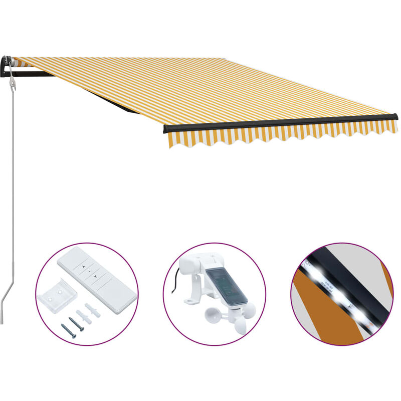Auvent rétractable capteur de vent LED 300x250cm Jaune et blanc