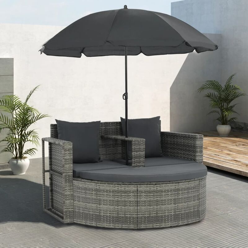True Deal - Canapé de jardin avec coussins et parasol Gris Résine tressée