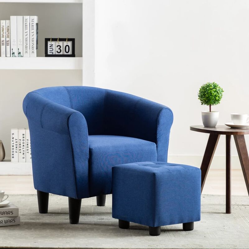 Fauteuil et tabouret Bleu Tissu