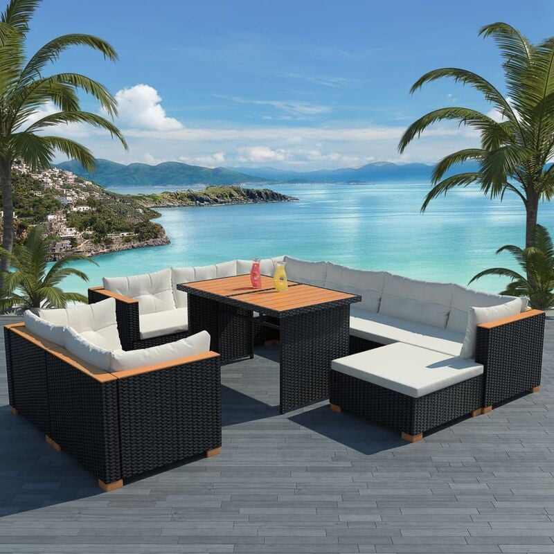 True Deal - Salon de jardin 10 pcs avec coussins Résine tressée Noir