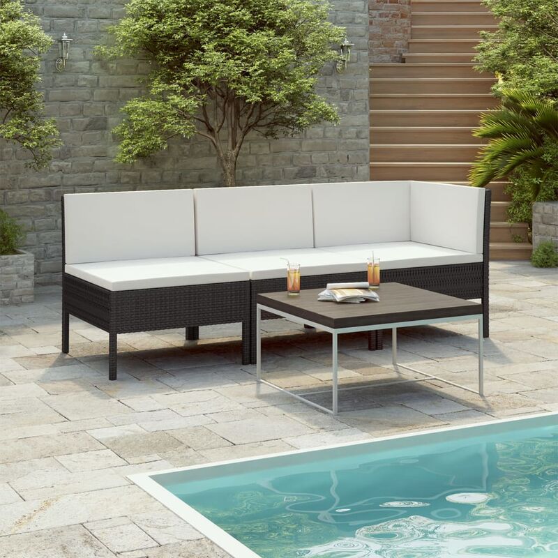 Salon de jardin 3 pcs avec coussins Résine tressée Noir