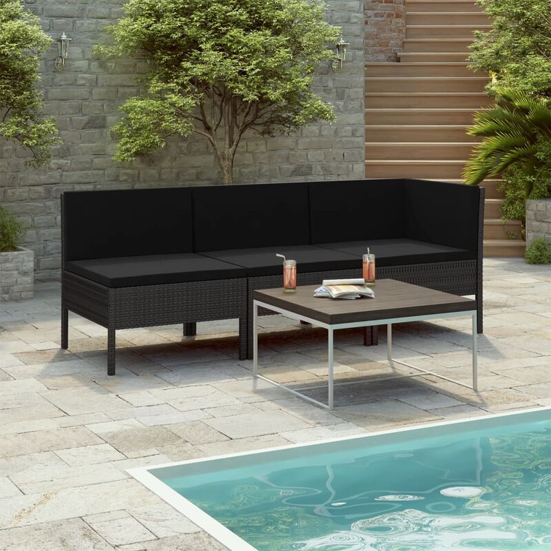 Salon de jardin 3 pcs avec coussins Résine tressée Noir