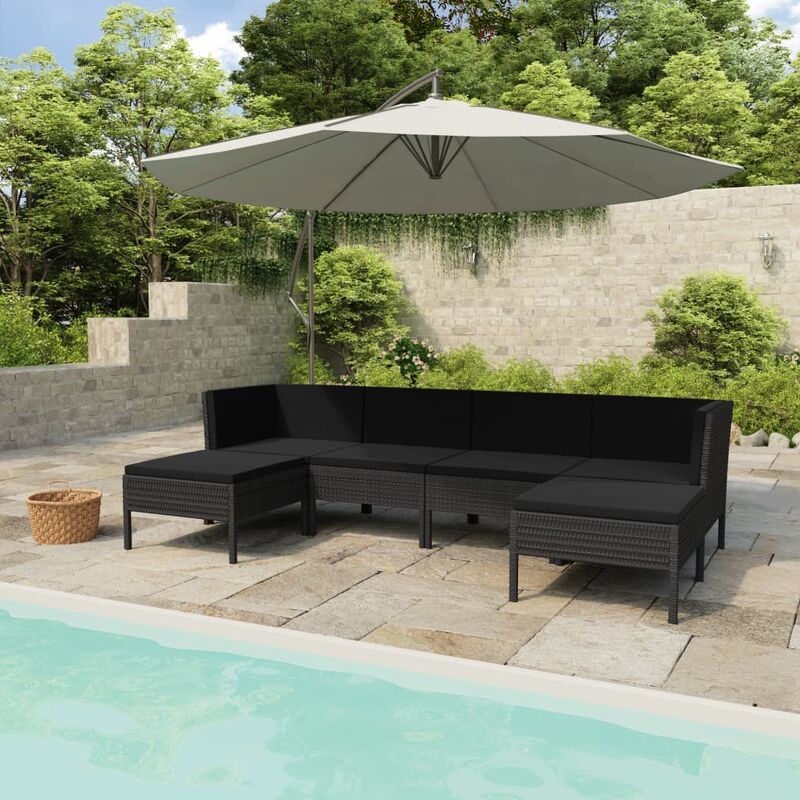Salon de jardin 6 pcs avec coussins Résine tressée Noir