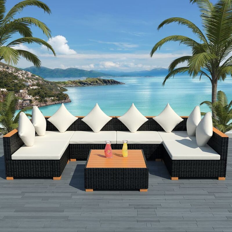 Salon de jardin 7 pcs avec coussins Résine tressée Noir