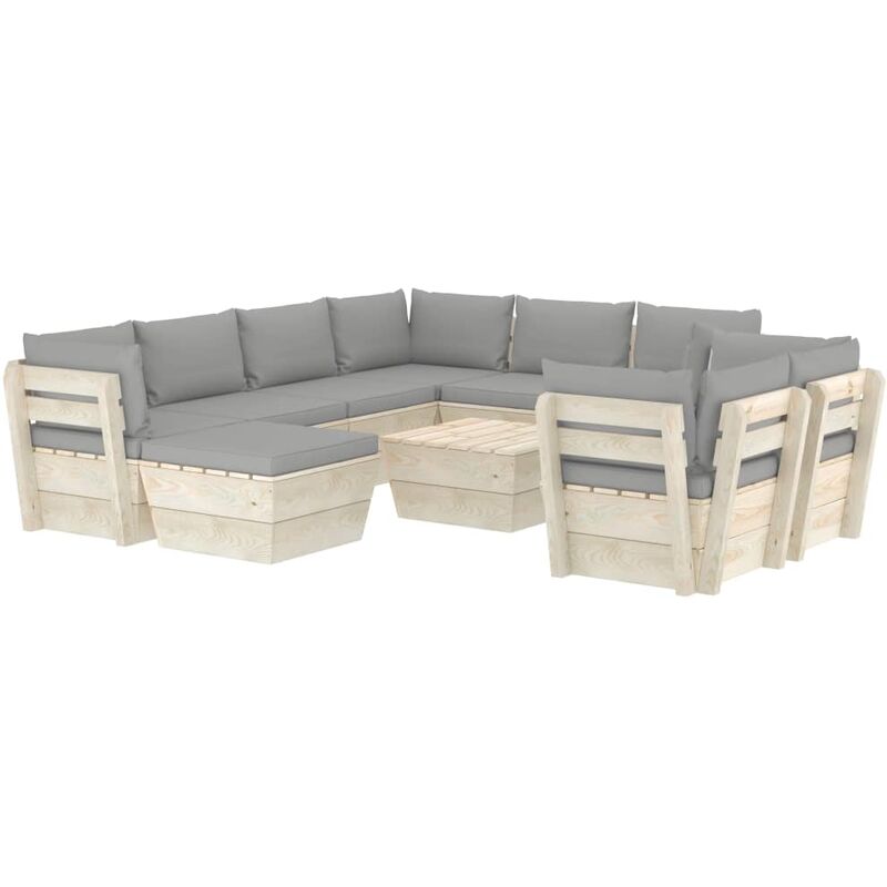 Salon de jardin palette 10 pcs avec coussins Épicéa imprégné