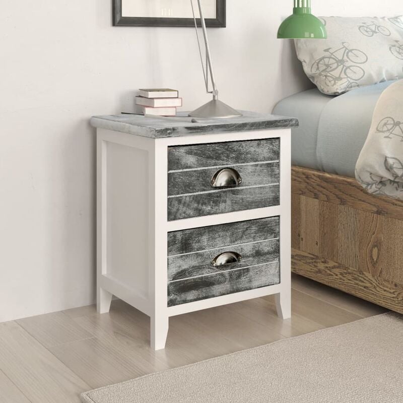 TRUE DEAL True Deal - Table de chevet Gris et blanc 38x28x45 cm Bois Paulownia