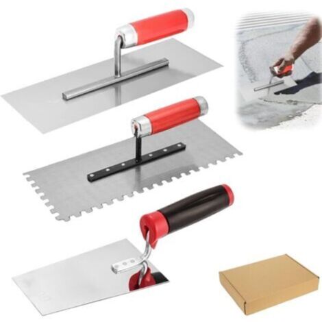Truelle de maçon en acier inoxydable - Lot de 3 truelles de lissage en acier inoxydable avec truelle de nettoyage - Spatule à stuccater avec poignée en caoutchouc - Outil de stuc pour masses de