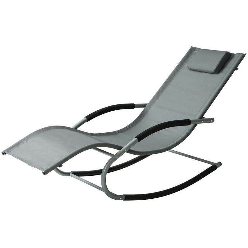 Grey Rocking Patio Sun Lounger with Pillow Armrests Weather Resistant Fabric