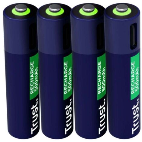 Trust AAA USB-C Akkus 4 Stück, integrierter USB-C Anschluss, kein Ladegerät erforderlich de Akku, Kapazität 500 mAh, Aufladen mit Cable USB Inklusive/Ladegerät de Telefon, Paket de 4