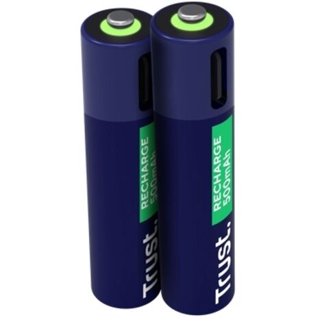 Trust AAA USB-C Rechargeable Batteries 2 Pieces, port USB-C intégré, pas de chargeur nécessaire de Battery, Capacity 500 mAh, Charge with USB/Charger Cable, Phone Charger de Package de 2