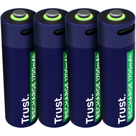 Trust Batterie ricaricabili AA USB-C 4 Pezzi, Porta USB-C integrata, nessun caricatore necessario de Batteria, Alta capacità 1700 mAh, Ricarica con Cable USB Incluso/Caricatore de Telefono, Pacchetto 