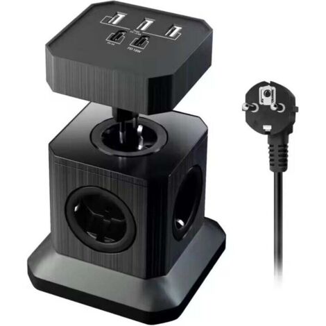 Trywise  Prise Cubique Multiprise 5 Voies avec Ports USB (3 USB A + 2 USB C) – Multiprise SANPOPO avec Charge Rapide USB C, Câble d’Extension de 2 m, Multiprise Empilable, Couleur Noire