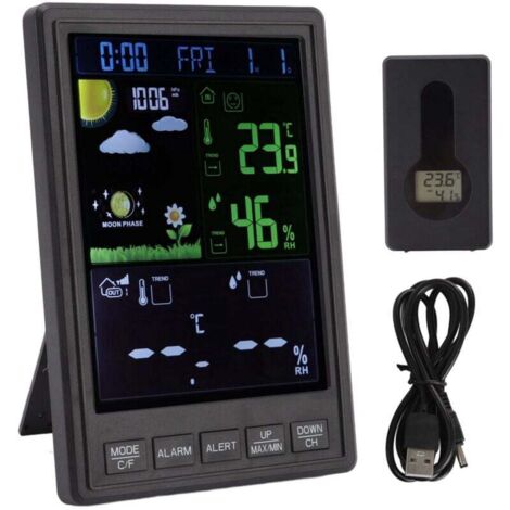 Trywise Stations météo sans fil intérieur extérieur couleur affichage noir 3 canaux réglable rétro-éclairage horloge thermomètre pour la maison