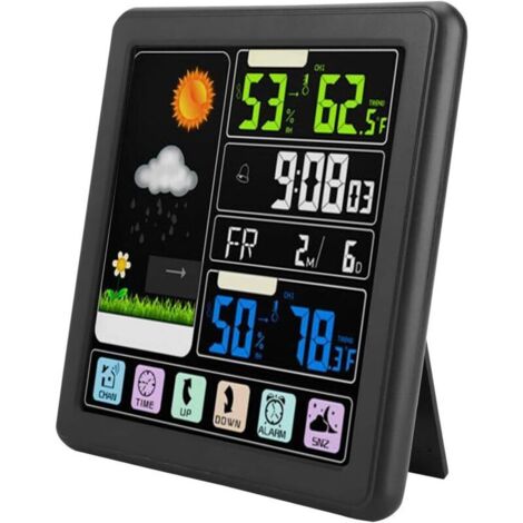 TS-3310 Wireless Weather Station, Indoor/Outdoor Thermometer with Touchscreen, Sensor, LCD Screen, Smart Clock (Black)
