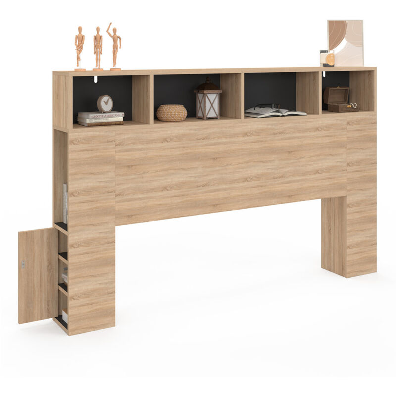 Idmarket - Tête de lit sur pied cleo 165 cm avec rangements fermés et niches façon hêtre et noir
