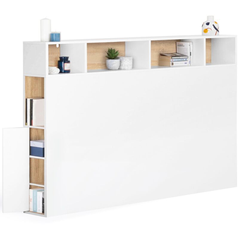 Tête de lit sur pied cleo 165 cm avec rangements fermés et niches blanc et façon hêtre