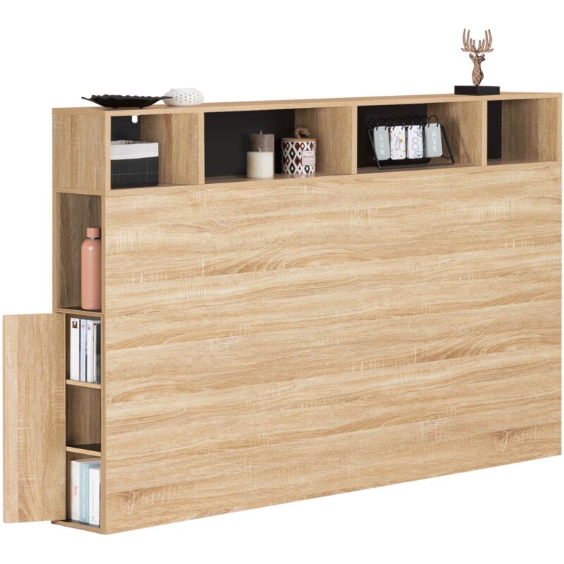 Tête de lit sur pied cleo 165 cm avec rangements fermés et niches façon hêtre et noir
