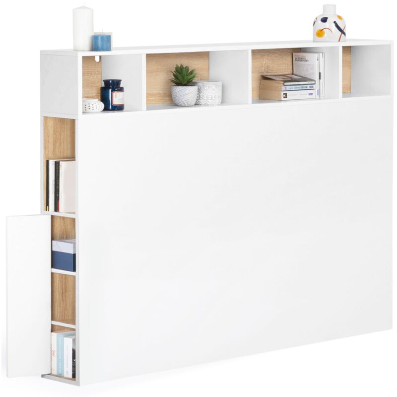 Tête de lit sur pied cleo 145 cm avec rangements fermés et niches blanc et façon hêtre