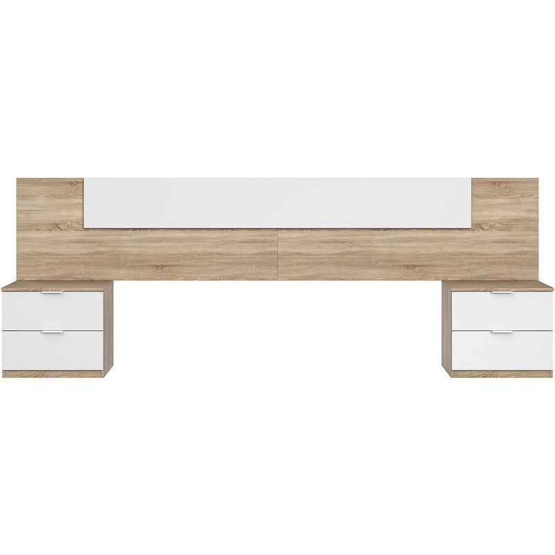 Tête de lit en mélamine avec 2 chevets coloris chêne canadian blanc artik - Hauteur 95 x Longueur 247 cm x Profondeur 38 cm Pegane