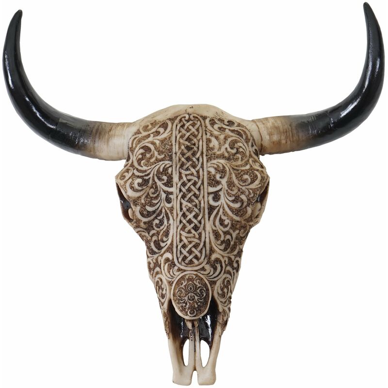 Tête de taureau décoration murale 31 cm trophée longhorn avec tribal en polyrésine intérieur/extérieur naturel 040002847