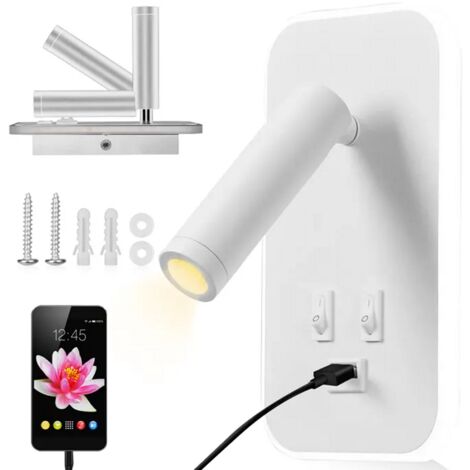 TTLIFE Liseuse de Chevet, 3W+9W 3000K Fixation Murale Spot Rotatif, Applique Murale LED avec Interrupteur et Port de Charge USB