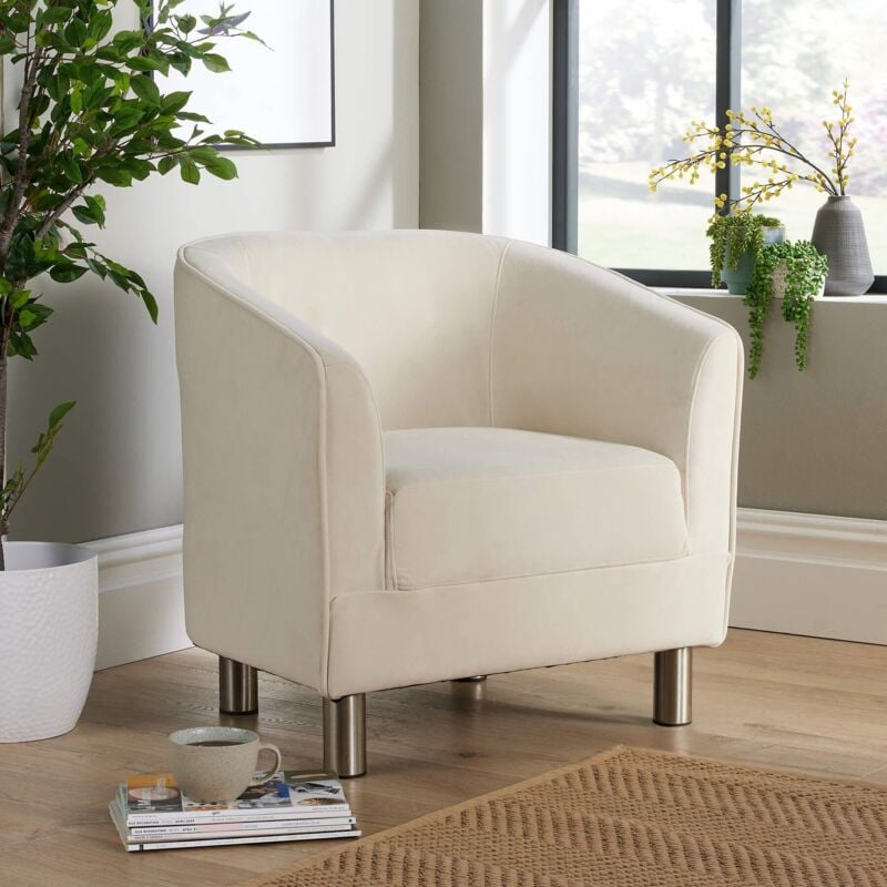 Tub Chair Cream Velvet Upholstered Accent Armchair Bedroom Office Reception Cafe