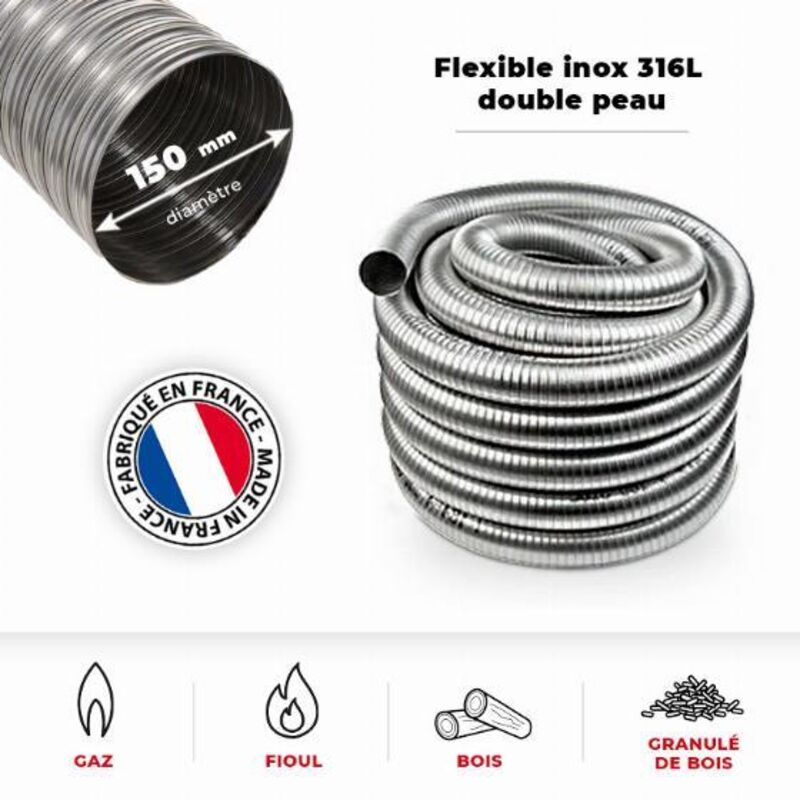 Tubage flexible inox double peau ø150 mm - 2 mètres