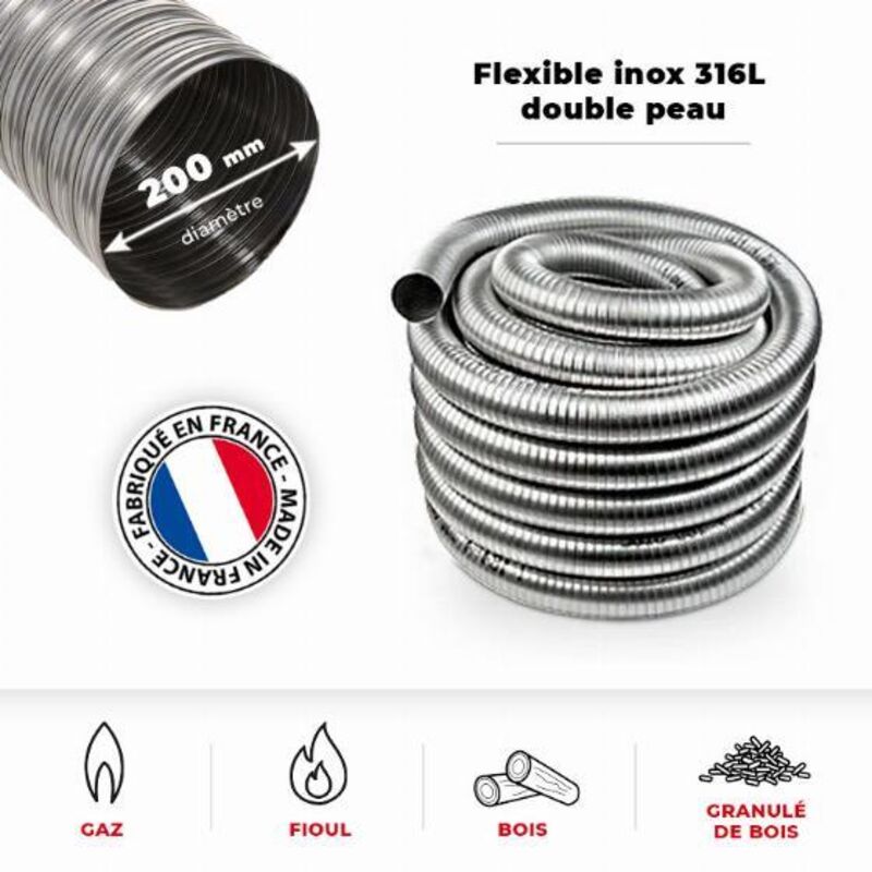 Tubage flexible inox double peau ø200 mm - 2 mètres