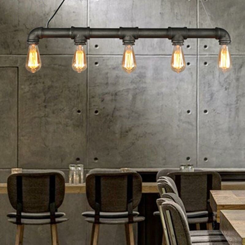 Tube d'eau Plafonnier Industrielle E27 Vintage Plafonnier Tube d'eau Industriel Lustre Luminaire en Métal Rétro Suspension 5 Tête pour Salon Cuisine