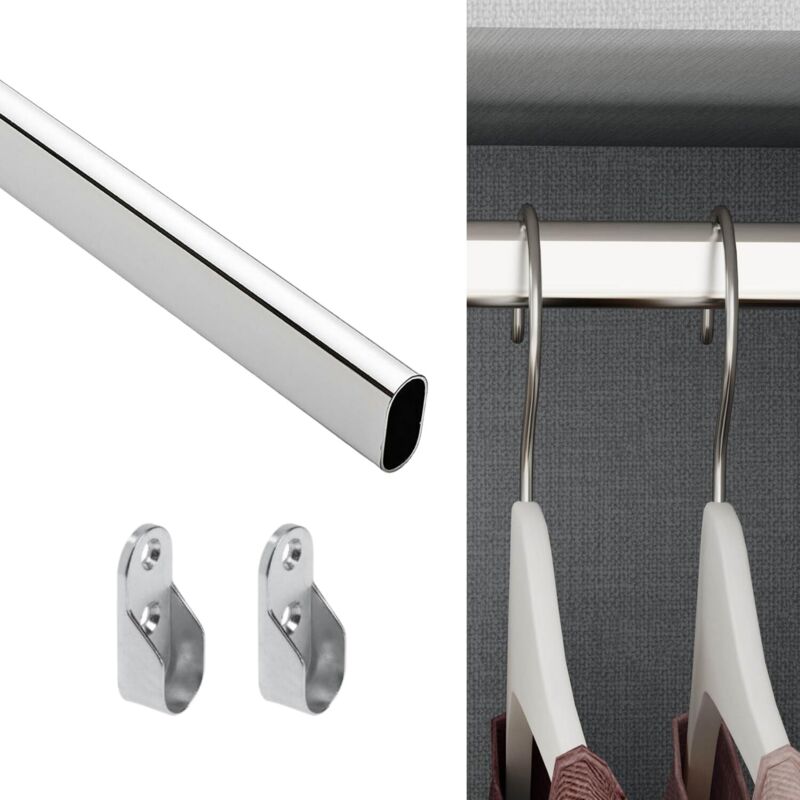 Tube Ovale 15x30 mm Chromé Pour Penderie d'Armoire Longueur 2 Mètres Avec 4 Supports Latéraux