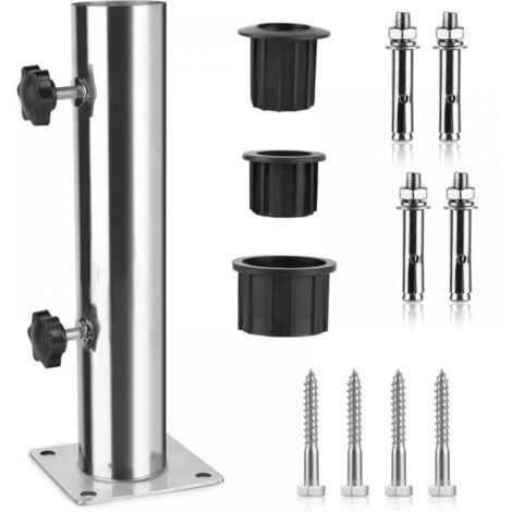 Tube Parasol, Pied de Parasol, Support Parasol en Acier Inoxydable Réglable avec 3 Anneaux de Réduction en PVC (32/38/48mm), Pied pour Parasol avec 8 Clous en Acier