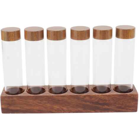 Tubes de stockage à café avec support en bois de noyer et couvercle, cave à verre dose unique pour cuisine, rangement 6 trous