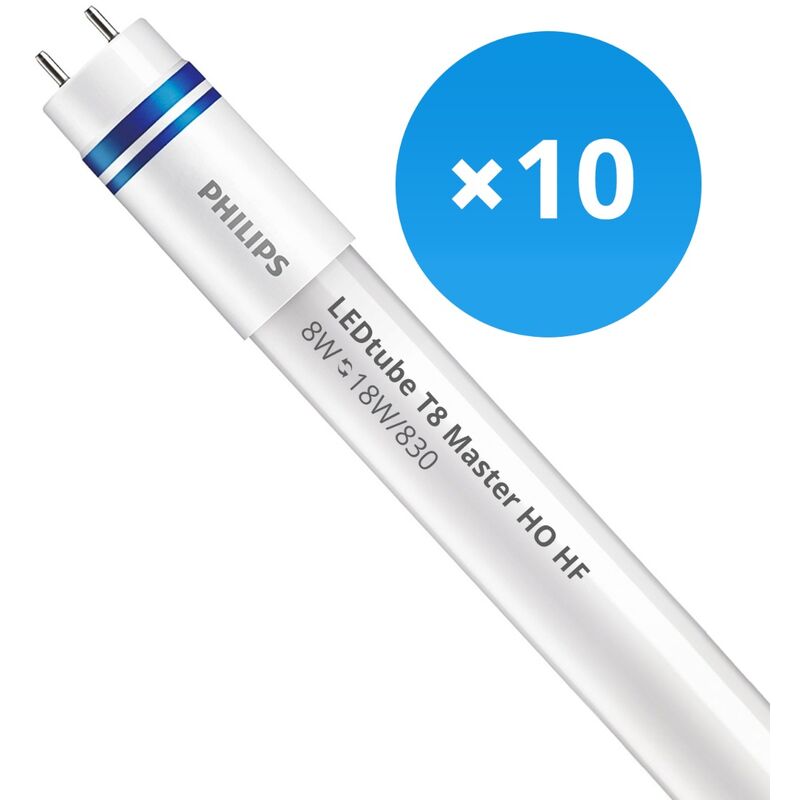 Lot 10x Philips Tube led T8 master (hf) High Output 8W 1000lm - 830 Blanc Chaud 60cm - Dimmable - Équivalent 18W - 3000K - Blanc Chaud